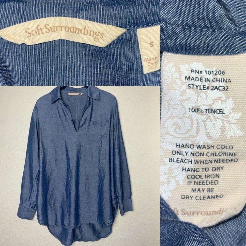 Soft Surroundings Tencel Popover Blouse Women's Size Small Blue Chambray - Picture 5 of 16